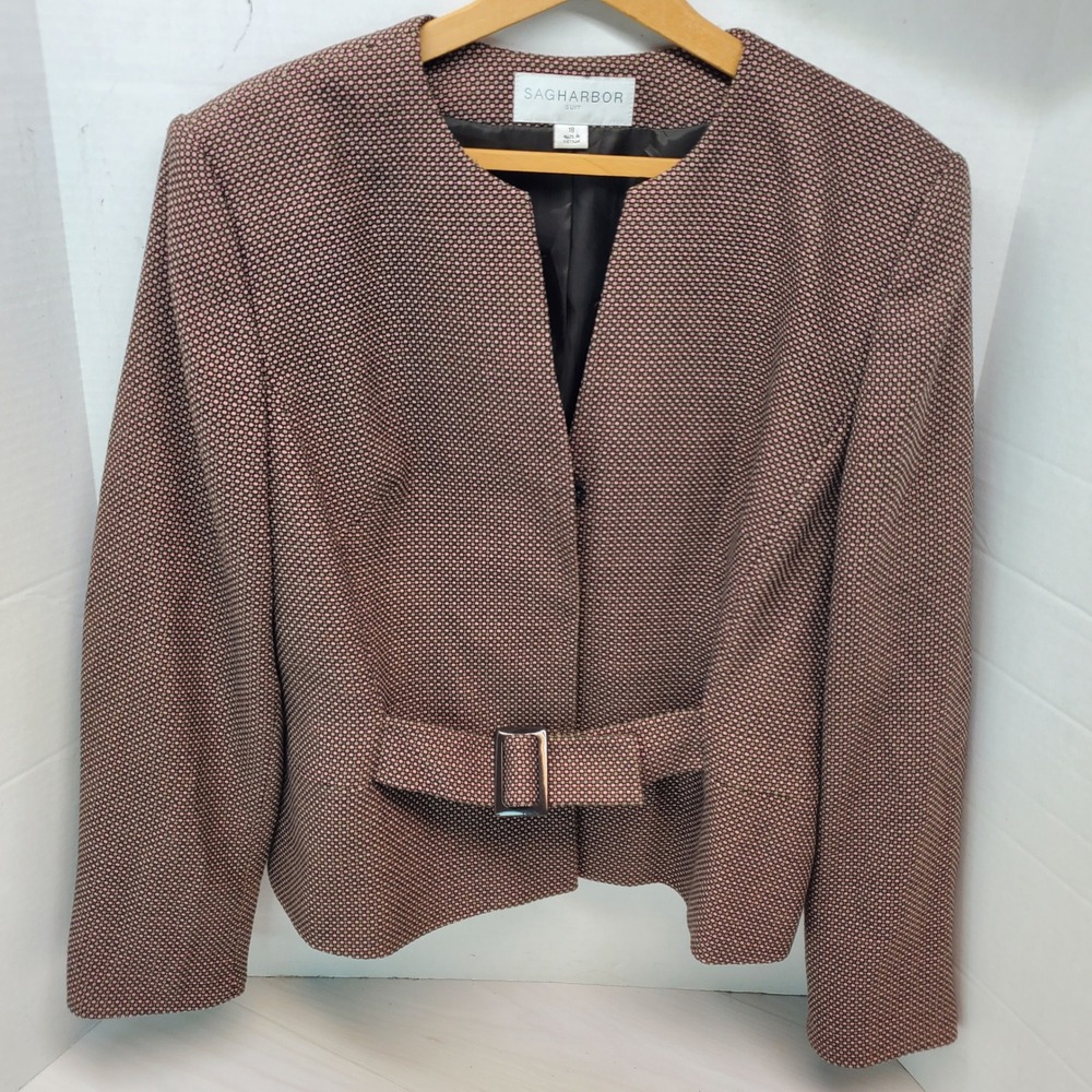 Sag Harbor Blazer Womens 18‎ Brown Pink Textured Belted Collarless 90s Vintage